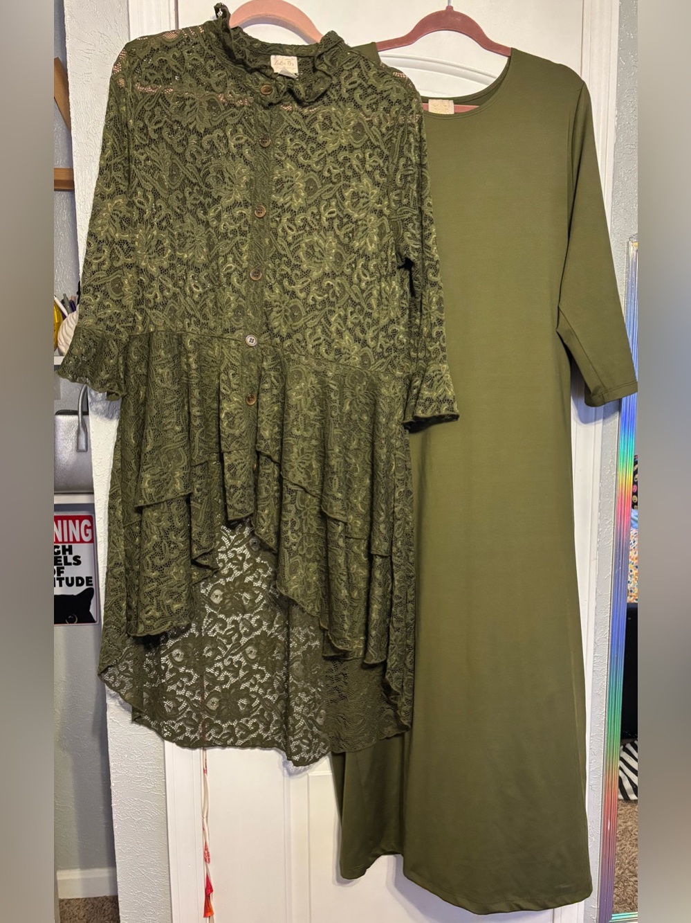 Olive Lace Tiered Button Cardigan with Solid Olive Maxi Dress